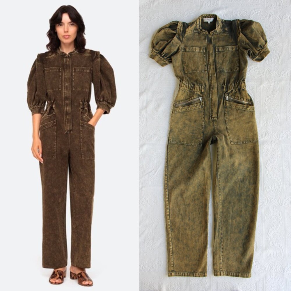 SEA New York Hildur Acid wash denim jean puff sleeve jumper jumpsuit romper 2